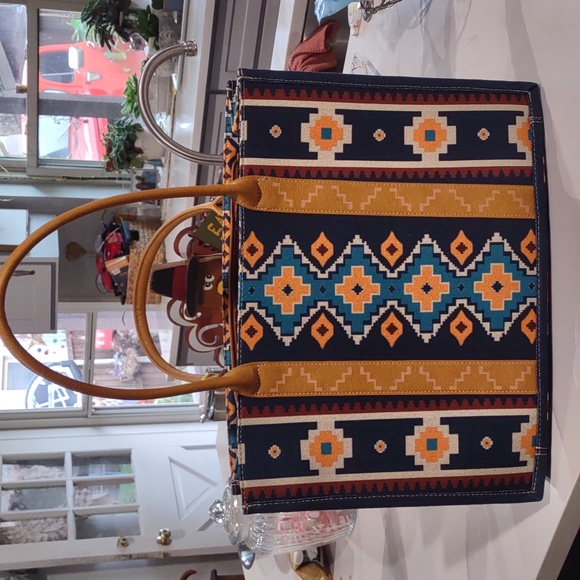 Wrangler XL canvas tote bag. Laptop carrier. Gold turquoise navy western NWT - Picture 9 of 9